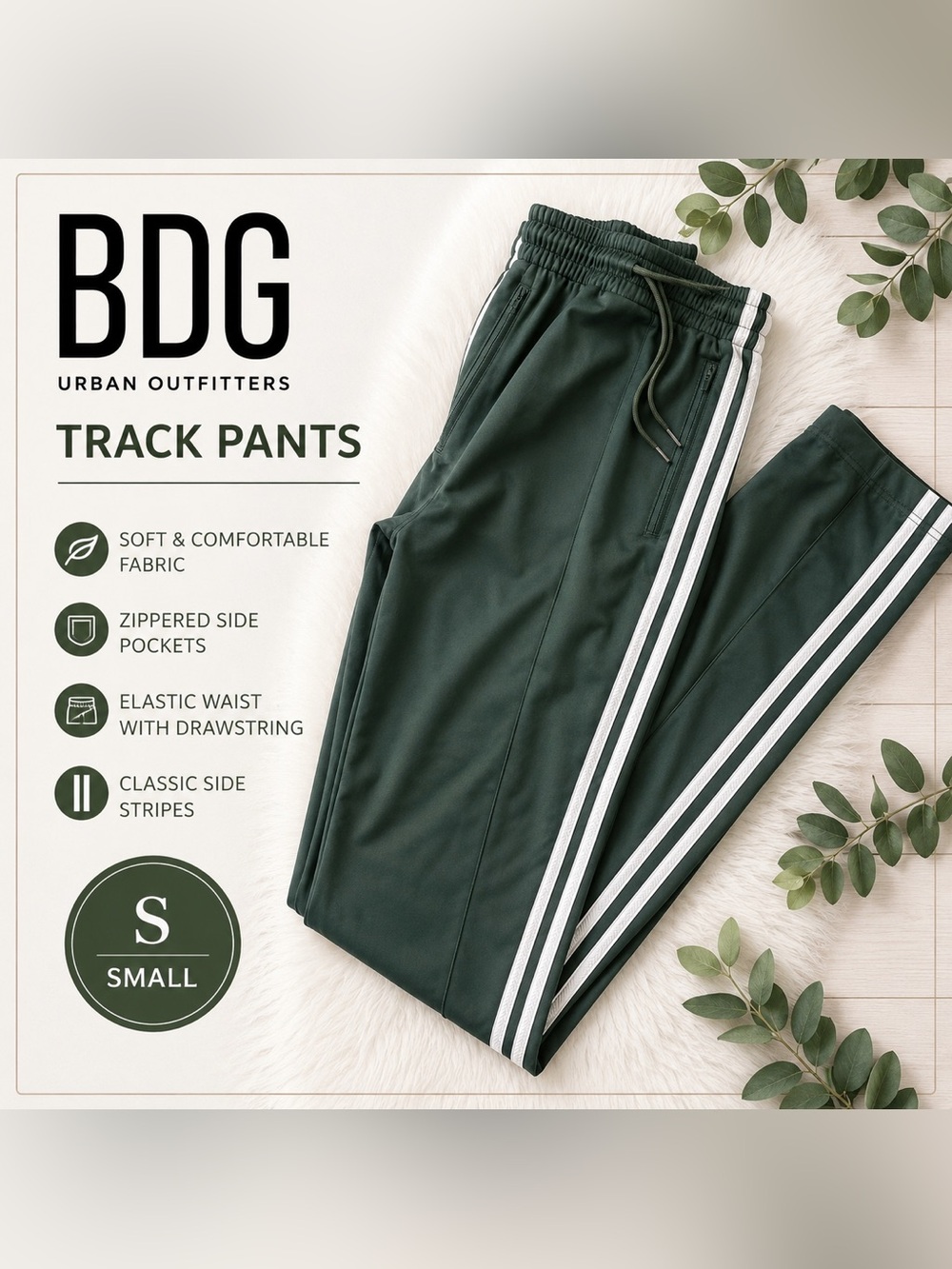 BDG Dark Green Track Pants with White Side Stripes